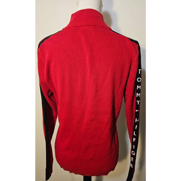 Tommy Hilfiger Womens Red Ribbed Sweater 1/4 Zip Pullover Logo Stripe Trim XL - Picture 5 of 7